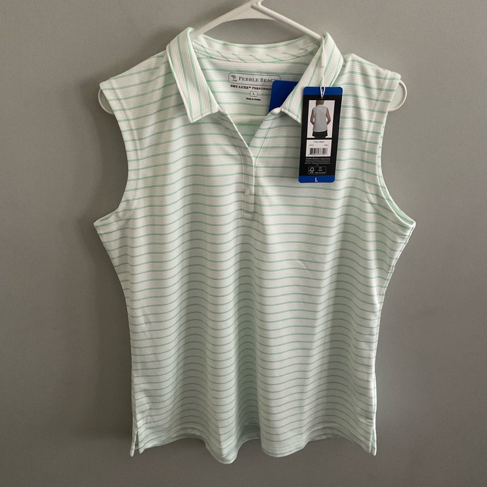 Pebble Beach Women's White and Green Striped Sleeveless polo.
